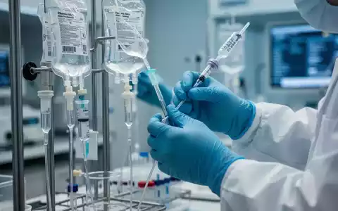Nahaufnahme von Händen in medizinischen Handschuhen, die in einem Labor mit Infusionsbeuteln und medizinischen Geräten arbeiten. - Foto: über boerse-global.de