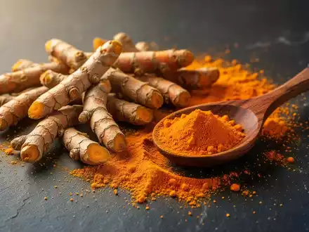 Nahaufnahme von getrockneten Kurkumawurzelstücken und leuchtend orangefarbenem Kurkumapulver mit einem kleinen Holzlöffel. - Foto: über boerse-global.de