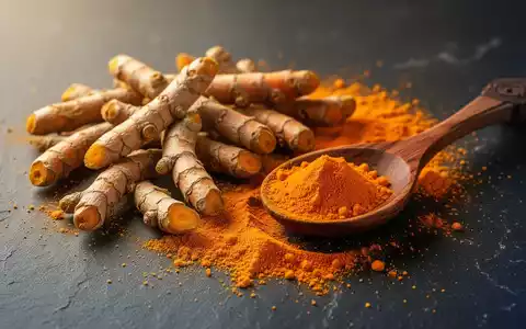 Nahaufnahme von getrockneten Kurkumawurzelstücken und leuchtend orangefarbenem Kurkumapulver mit einem kleinen Holzlöffel. - Foto: über boerse-global.de