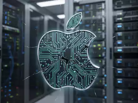 Stilisiertes Apple-Logo mit Leiterplattenmuster, rissig, vor unscharfem Hintergrund mit Server-Racks. - Foto: über boerse-global.de