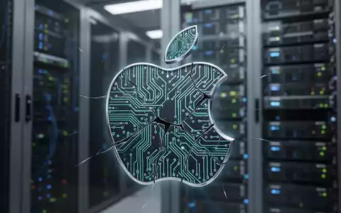 Stilisiertes Apple-Logo mit Leiterplattenmuster, rissig, vor unscharfem Hintergrund mit Server-Racks. - Foto: über boerse-global.de