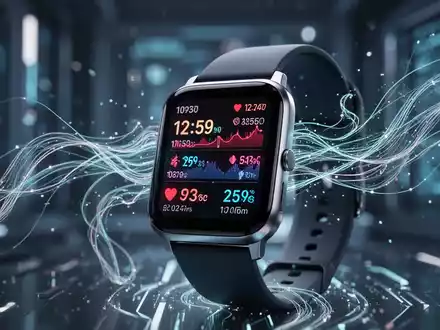 Nahaufnahme einer Smartwatch mit Gesundheitsdaten und abstrakten KI-Grafiken. - Foto: über boerse-global.de