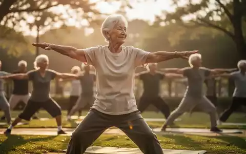 Eine ältere Person, die draußen Yoga oder Tai Chi praktiziert, um gesundes Altern, psychologische Resilienz und körperliche Aktivität darzustellen. - Foto: über boerse-global.de