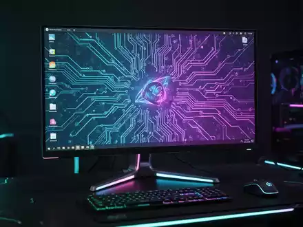 Zukunftssicheres Gaming-Setup mit Linux-Monitor, Neon-Akzenten und Leiterplattenmustern. - Foto: über boerse-global.de