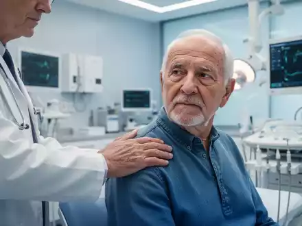 Ein Arzt berührt tröstend die Schulter eines älteren männlichen Patienten in einem modernen Untersuchungszimmer. - Foto: über boerse-global.de