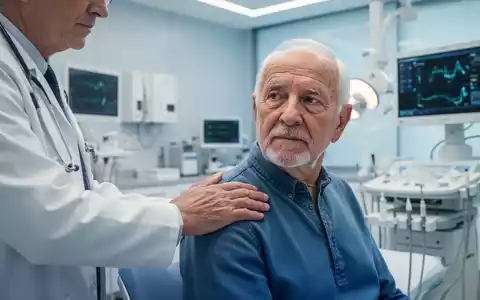 Ein Arzt berührt tröstend die Schulter eines älteren männlichen Patienten in einem modernen Untersuchungszimmer. - Foto: über boerse-global.de