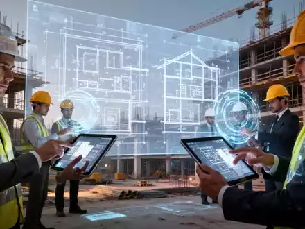 Architekten und Ingenieure interagieren auf einer Baustelle mit digitalen Bauplänen und Tablets, die den Fortschritt der Digitalisierung im Bauwesen symbolisieren. - Foto: über boerse-global.de