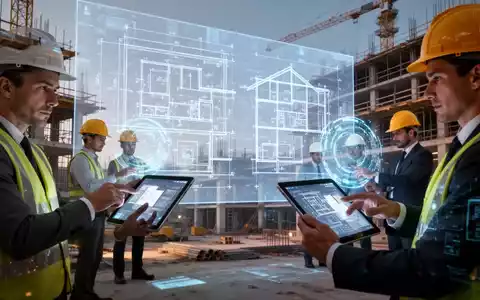 Architekten und Ingenieure interagieren auf einer Baustelle mit digitalen Bauplänen und Tablets, die den Fortschritt der Digitalisierung im Bauwesen symbolisieren. - Foto: über boerse-global.de