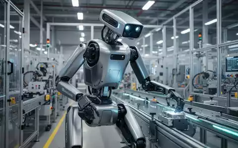 Ein humanoider Roboter Boston Dynamics Atlas arbeitet an einem Fließband in einer modernen Hightech-Fabrik. - Foto: über boerse-global.de