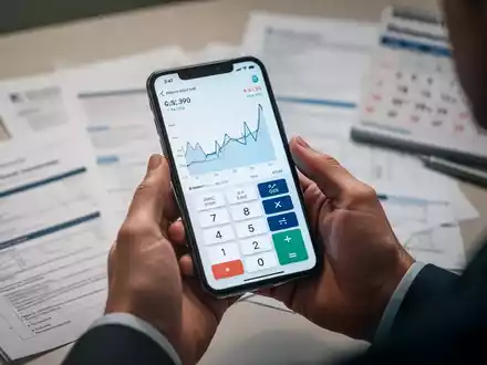 Hände halten ein Smartphone, das eine Rentenlückenberechnung anzeigt, mit verschwommenen Dokumenten im Hintergrund. - Foto: über boerse-global.de