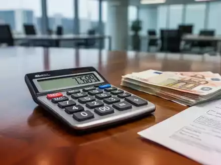 Ein Taschenrechner zeigt Zahlen, daneben Euro-Banknoten und juristische Dokumente auf einem Schreibtisch. Fokus auf Finanzberechnung. - Foto: über boerse-global.de