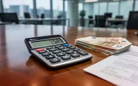 Ein Taschenrechner zeigt Zahlen, daneben Euro-Banknoten und juristische Dokumente auf einem Schreibtisch. Fokus auf Finanzberechnung. - Foto: über boerse-global.de