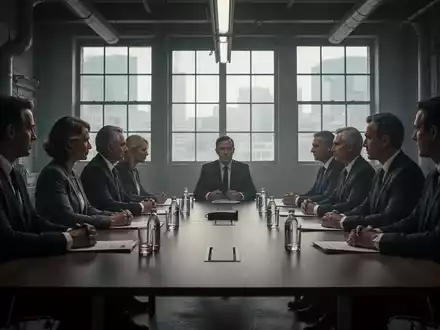 Ein Besprechungsraum mit einer langen Tafel, an der sich Arbeitnehmervertreter und Unternehmensführer gegenübersitzen. Die Atmosphäre ist angespannt. - Foto: über boerse-global.de