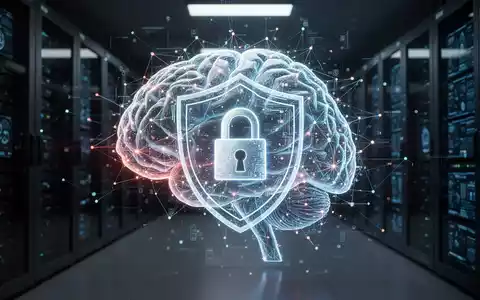 Leuchtendes, komplexes KI-Gehirn oder Netzwerkmatrix mit digitalen Sicherheitssymbolen wie einem Vorhängeschloss, vor dunklem, futuristischem Hintergrund. - Foto: über boerse-global.de