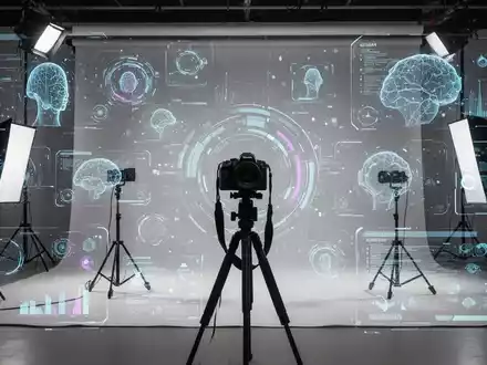 Futuristisches digitales Interface mit holografischen Elementen und Datenströmen, das KI in der Bildbearbeitung symbolisiert, über ein professionelles Studio gelegt. - Foto: über boerse-global.de