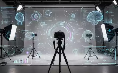 Futuristisches digitales Interface mit holografischen Elementen und Datenströmen, das KI in der Bildbearbeitung symbolisiert, über ein professionelles Studio gelegt. - Foto: über boerse-global.de