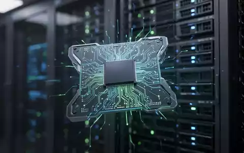 Nahaufnahme eines futuristischen KI-Chips mit komplexen Schaltkreisen, die in blauem und grünem Licht leuchten, vor verschwommenem Rechenzentrum-Hintergrund. - Foto: über boerse-global.de