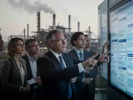 Eine vielfältige Gruppe von Arbeitssuchenden, darunter ein Manager mittleren Alters, betrachtet digitale Stellenanzeigen vor einer Fabrik. - Foto: über boerse-global.de