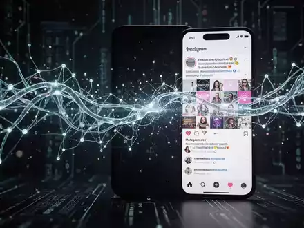 Abstrakte Darstellung eines leuchtenden neuronalen Netzwerks, das ein Smartphone mit Instagram-Oberfläche kreuzt, symbolisiert KI und Datenschutz. - Foto: über boerse-global.de