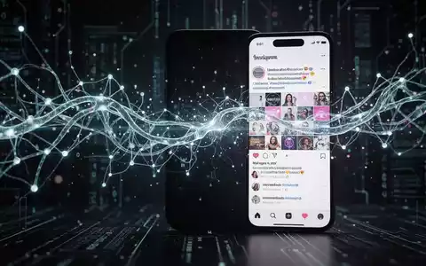 Abstrakte Darstellung eines leuchtenden neuronalen Netzwerks, das ein Smartphone mit Instagram-Oberfläche kreuzt, symbolisiert KI und Datenschutz. - Foto: über boerse-global.de