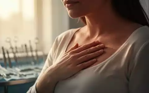 Eine Hand berührt sanft die Brust, im Hintergrund sind verschwommen medizinische Instrumente oder ein sonniges Fenster zu sehen. - Foto: über boerse-global.de