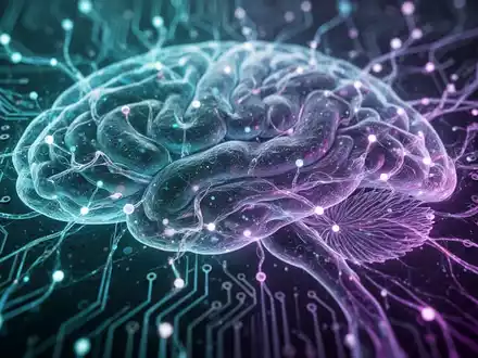 Nahaufnahme eines futuristischen, leuchtenden neuronalen Netzwerks oder einer Platine mit komplexen, biologisch inspirierten Mustern. - Foto: über boerse-global.de