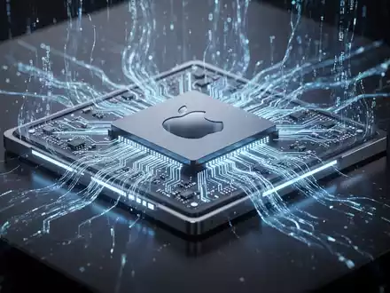 Leuchtender, futuristischer Apple M7 Ultra Chip mit komplexer Schaltung, umgeben von blauem Licht, symbolisiert fortschrittliche Speicher- und KI-Fähigkeiten. - Foto: über boerse-global.de