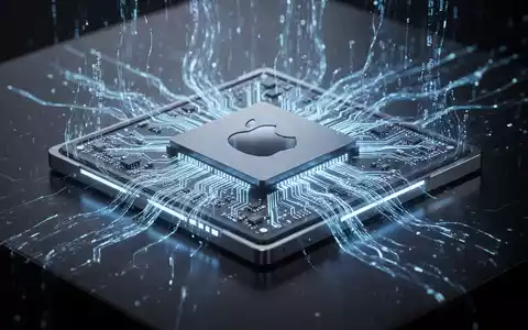 Leuchtender, futuristischer Apple M7 Ultra Chip mit komplexer Schaltung, umgeben von blauem Licht, symbolisiert fortschrittliche Speicher- und KI-Fähigkeiten. - Foto: über boerse-global.de