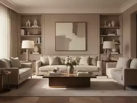 Ein luxuriöses, aufgeräumtes Wohnzimmer mit minimalistischem Design, eleganten Möbeln und weichem, natürlichem Licht. - Foto: über boerse-global.de