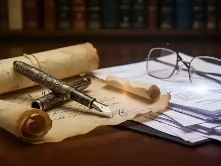 Eine verwitterte Feder auf einer teilweise ausgerollten Pergamentrolle, daneben eine Brille auf einem Stapel juristischer Dokumente. - Foto: über boerse-global.de