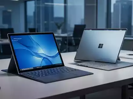 Nahaufnahme eines modernen Microsoft Surface Pro Tablets und eines Surface Laptops auf einem Schreibtisch in einem professionellen Büro. - Foto: über boerse-global.de
