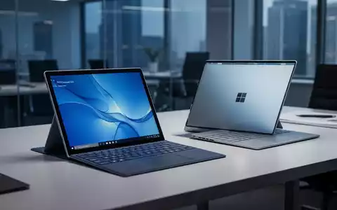 Nahaufnahme eines modernen Microsoft Surface Pro Tablets und eines Surface Laptops auf einem Schreibtisch in einem professionellen Büro. - Foto: über boerse-global.de
