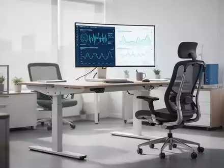 Ein ergonomisch gestalteter BĂŒroraum mit Stehschreibtisch und speziellem BĂŒrostuhl, der Komfort und ProduktivitĂ€t vermittelt. - Foto: ĂŒber boerse-global.de