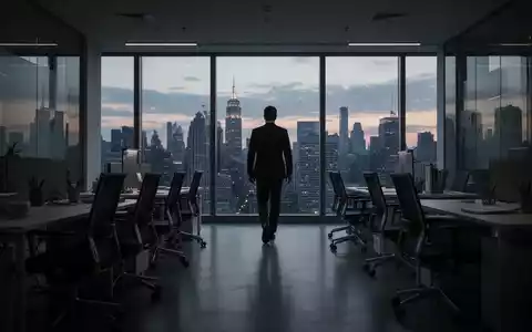Ein schlecht beleuchtetes, modernes Büro mit leeren Stühlen und Schreibtischen, eine Silhouette geht auf eine Stadtansicht zu. - Foto: über boerse-global.de