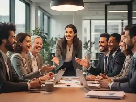 Eine vielfältige Gruppe von lächelnden Fachkräften in einem modernen Büro arbeitet zusammen, während eine Person positiv gestikuliert. - Foto: über boerse-global.de