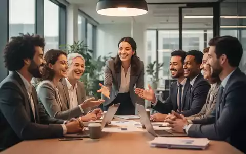 Eine vielfältige Gruppe von lächelnden Fachkräften in einem modernen Büro arbeitet zusammen, während eine Person positiv gestikuliert. - Foto: über boerse-global.de
