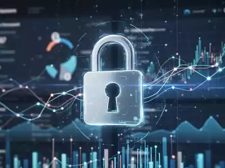 Glühendes digitales Vorhängeschloss-Symbol auf unscharfem Finanz-Dashboard, das sichere Geschäftskonten und digitale Transaktionen symbolisiert. - Foto: über boerse-global.de