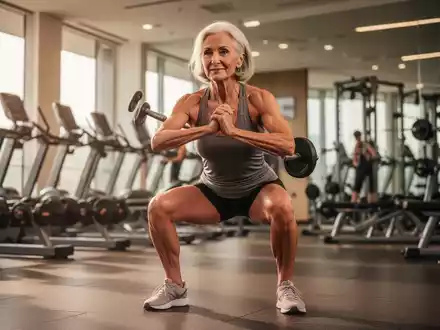 Eine aktive Seniorin in ihren 60ern, die in einem modernen Fitnessstudio eine Kniebeuge ausführt, symbolisiert Fitness im Alter. - Foto: über boerse-global.de