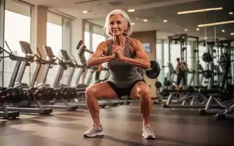 Eine aktive Seniorin in ihren 60ern, die in einem modernen Fitnessstudio eine Kniebeuge ausführt, symbolisiert Fitness im Alter. - Foto: über boerse-global.de