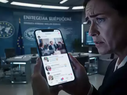Eine Person hält ein Smartphone mit einer unscharfen Social-Media-Ansicht, im Hintergrund ein stilisiertes Büro der EU-Kommission. - Foto: über boerse-global.de