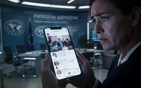 Eine Person hält ein Smartphone mit einer unscharfen Social-Media-Ansicht, im Hintergrund ein stilisiertes Büro der EU-Kommission. - Foto: über boerse-global.de