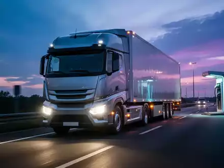 Ein moderner elektrischer Lastwagen fährt bei Dämmerung auf einer Autobahn, im Hintergrund eine Ladestation. Symbolisiert die Herausforderungen der Nutzfahrzeugbranche. - Foto: über boerse-global.de