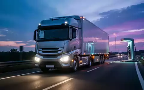 Ein moderner elektrischer Lastwagen fährt bei Dämmerung auf einer Autobahn, im Hintergrund eine Ladestation. Symbolisiert die Herausforderungen der Nutzfahrzeugbranche. - Foto: über boerse-global.de