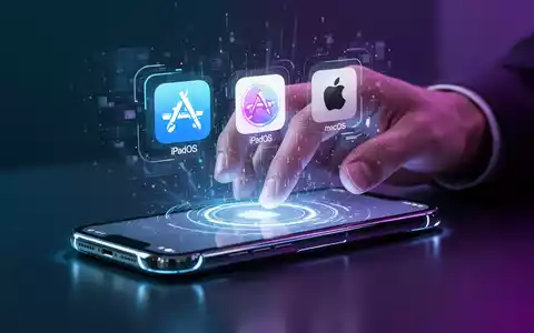 Eine Hand interagiert mit einem futuristischen, leuchtenden holografischen Display mit Icons für Apple iOS, iPadOS und macOS. - Foto: über boerse-global.de