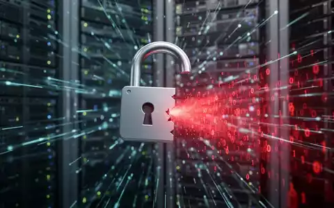 Digitales Vorhängeschloss-Symbol über verschwommenen Serverracks und Datenströmen, mit rotem Binärcode, symbolisiert einen Cybersicherheitsvorfall. - Foto: über boerse-global.de