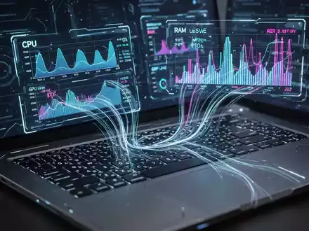 Holografische Anzeige von CPU-, RAM- und GPU-Auslastung ĂĽber einer Laptop-Tastatur, symbolisiert PC-Leistungsdiagnose. - Foto: ĂĽber boerse-global.de