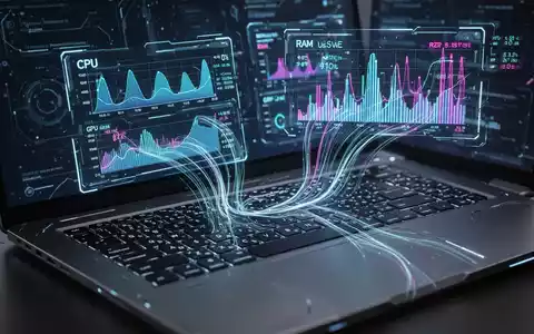 Holografische Anzeige von CPU-, RAM- und GPU-Auslastung über einer Laptop-Tastatur, symbolisiert PC-Leistungsdiagnose. - Foto: über boerse-global.de