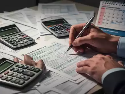 Nahaufnahme von Händen, die ein deutsches Steuerformular ausfüllen, umgeben von Dokumenten und einem Kalender mit Juli. - Foto: über boerse-global.de