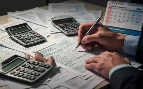 Nahaufnahme von HĂ€nden, die ein deutsches Steuerformular ausfĂŒllen, umgeben von Dokumenten und einem Kalender mit Juli. - Foto: ĂŒber boerse-global.de