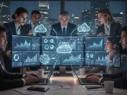 Ein modernes Büro, in dem ein Team digitale Finanzdaten und Diagramme auf Bildschirmen betrachtet, was die Digitalisierung der Buchhaltung symbolisiert. - Foto: über boerse-global.de